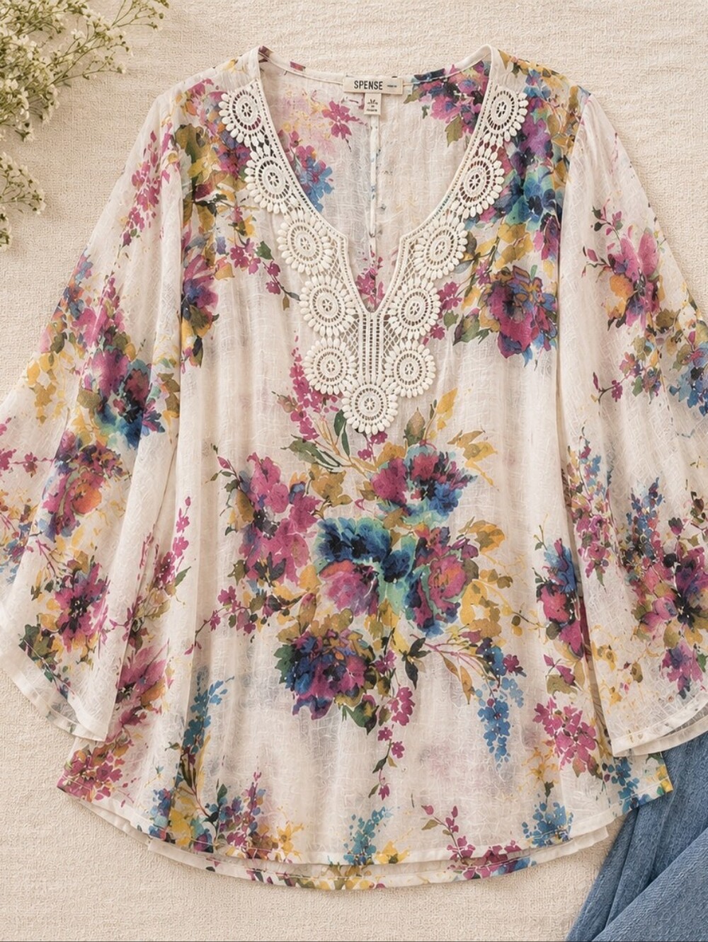 Spense Floral Crochet Tunic Top 1X Boho Cottagecore